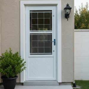 Porta com postigo, vidro e grade 2,15x0,85m branca Ld direito